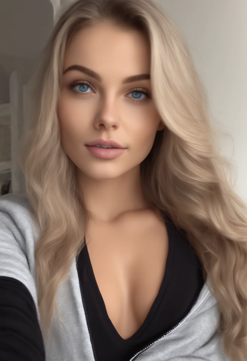 arafed woman wearing workout clothes, sexy girl with blue eyes, ultra realistic, meticulously detailed, portrait sophie mudd, blonde hair and large eyes, selfie of a young woman, bedroom eyes, violet myers, without makeup, natural makeup, looking directly at the camera, face with artgram, subtle makeup, stunning full body shot, large size bust