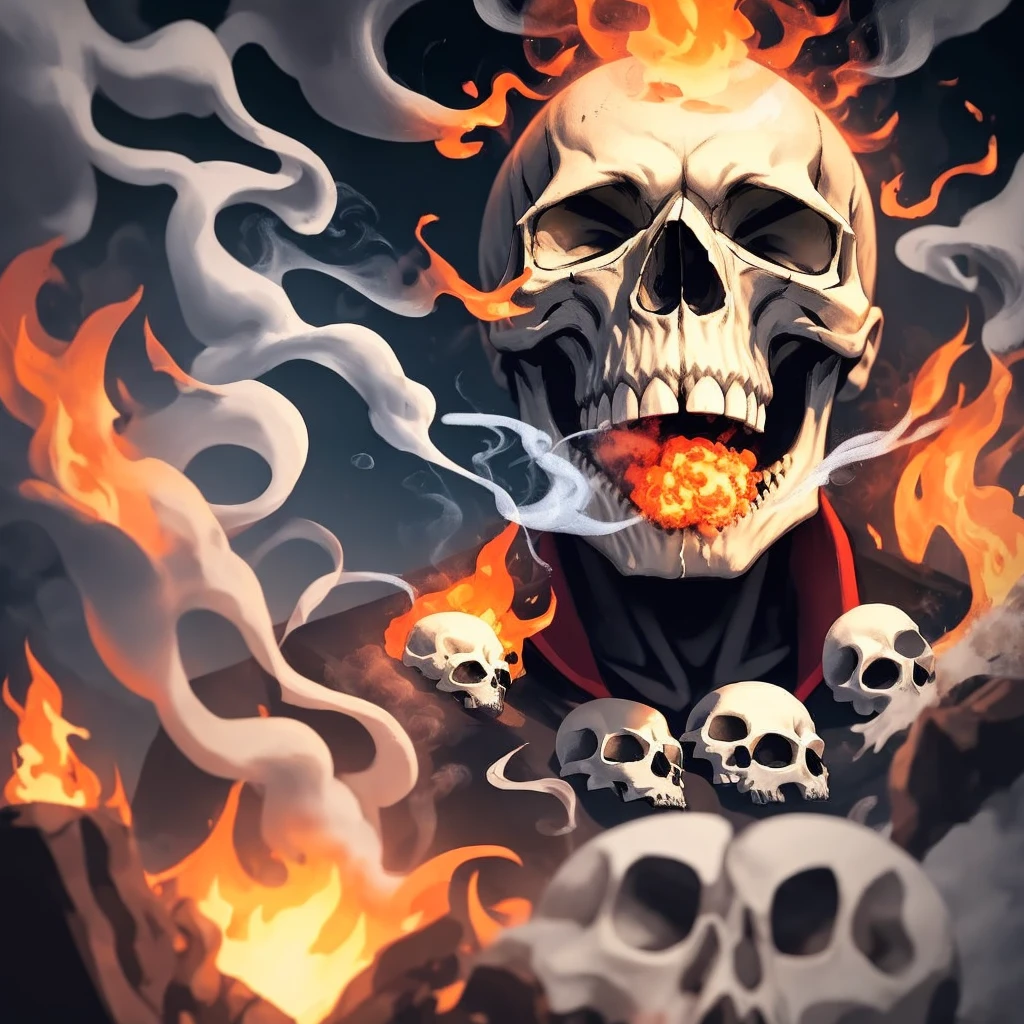 Skull facing forward spewing smoke