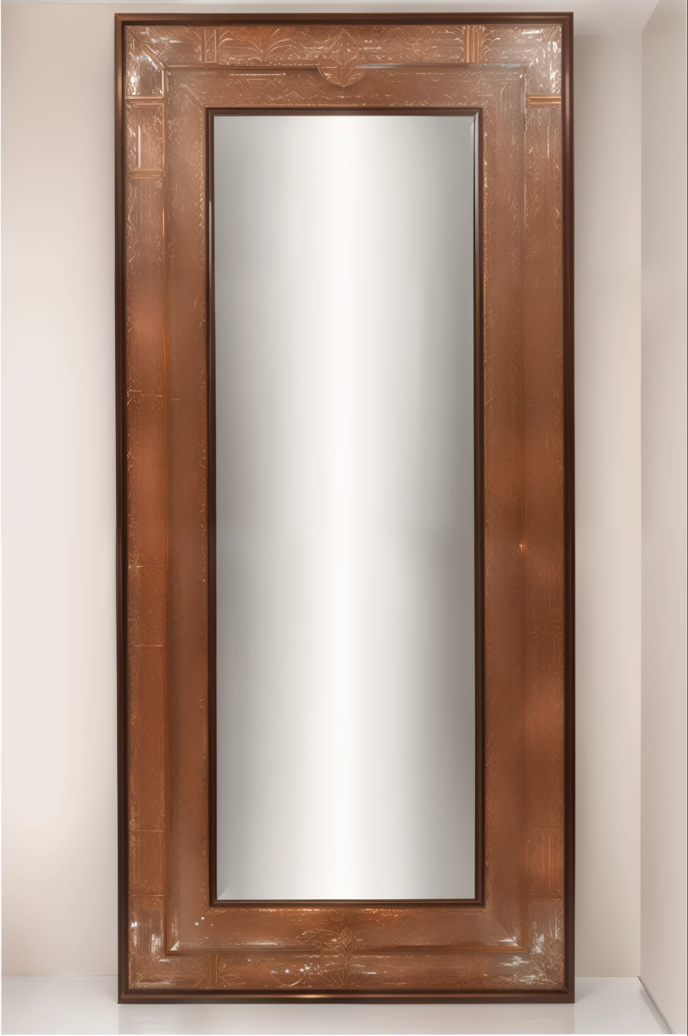 arafed mirror with a brown frame and a silver border, mirror texture, abstract mirrors, reflections in copper, tall thin frame, with reflection and textures, vintage - w 1 0 2 4, with a mirror, big mirrors, mirror background, mirrors, mirrored, day light, 2 1 st century, mirror and glass surfaces