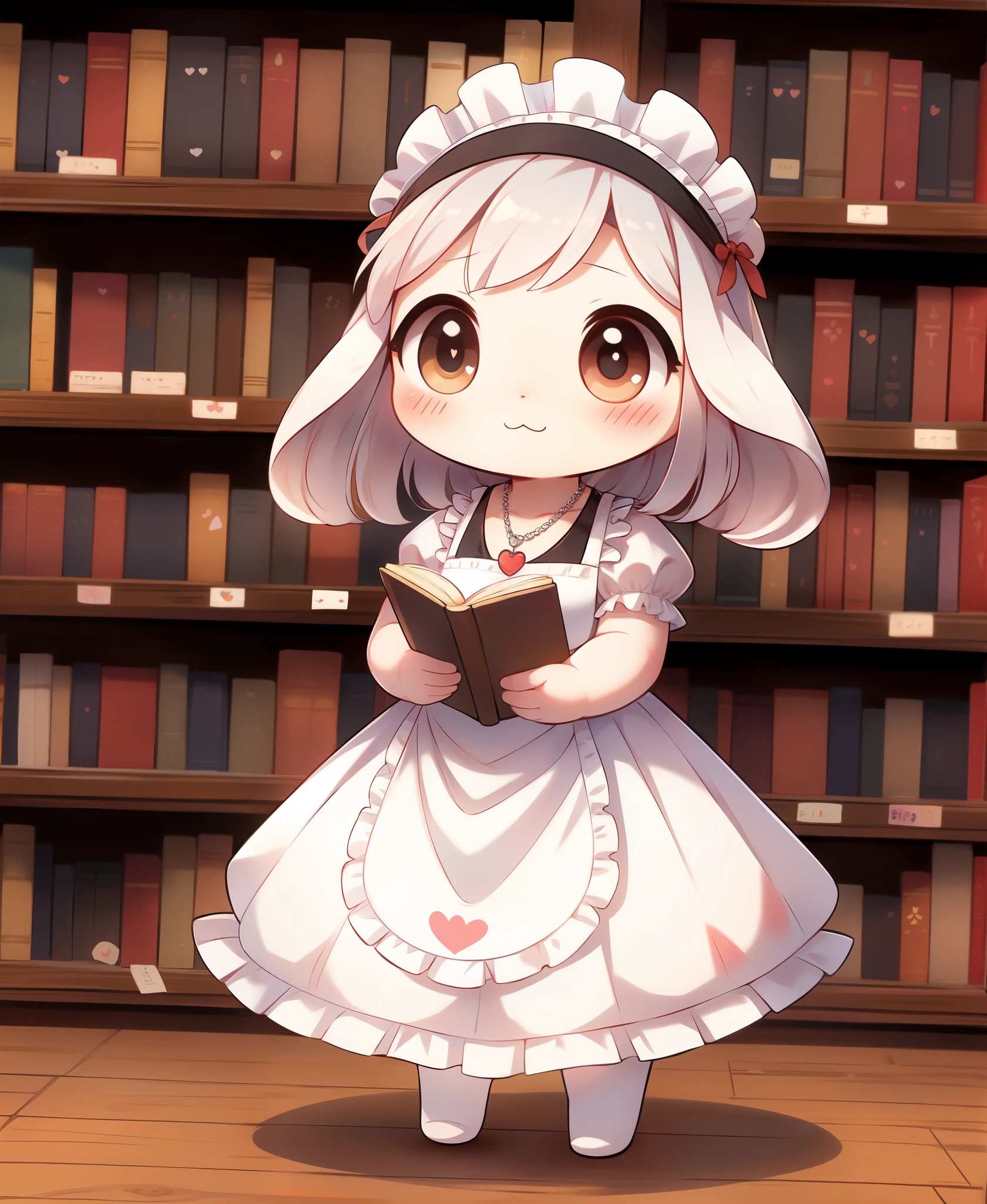 chibi mimiga, alternate character, red bandana, heart blush stickers, :3, big black/oval eyes, solo/alone, silver fish necklace, maid outfit, library, crowd reading, black/big/oval eyes, |_|, short/tiny height/arms/legs