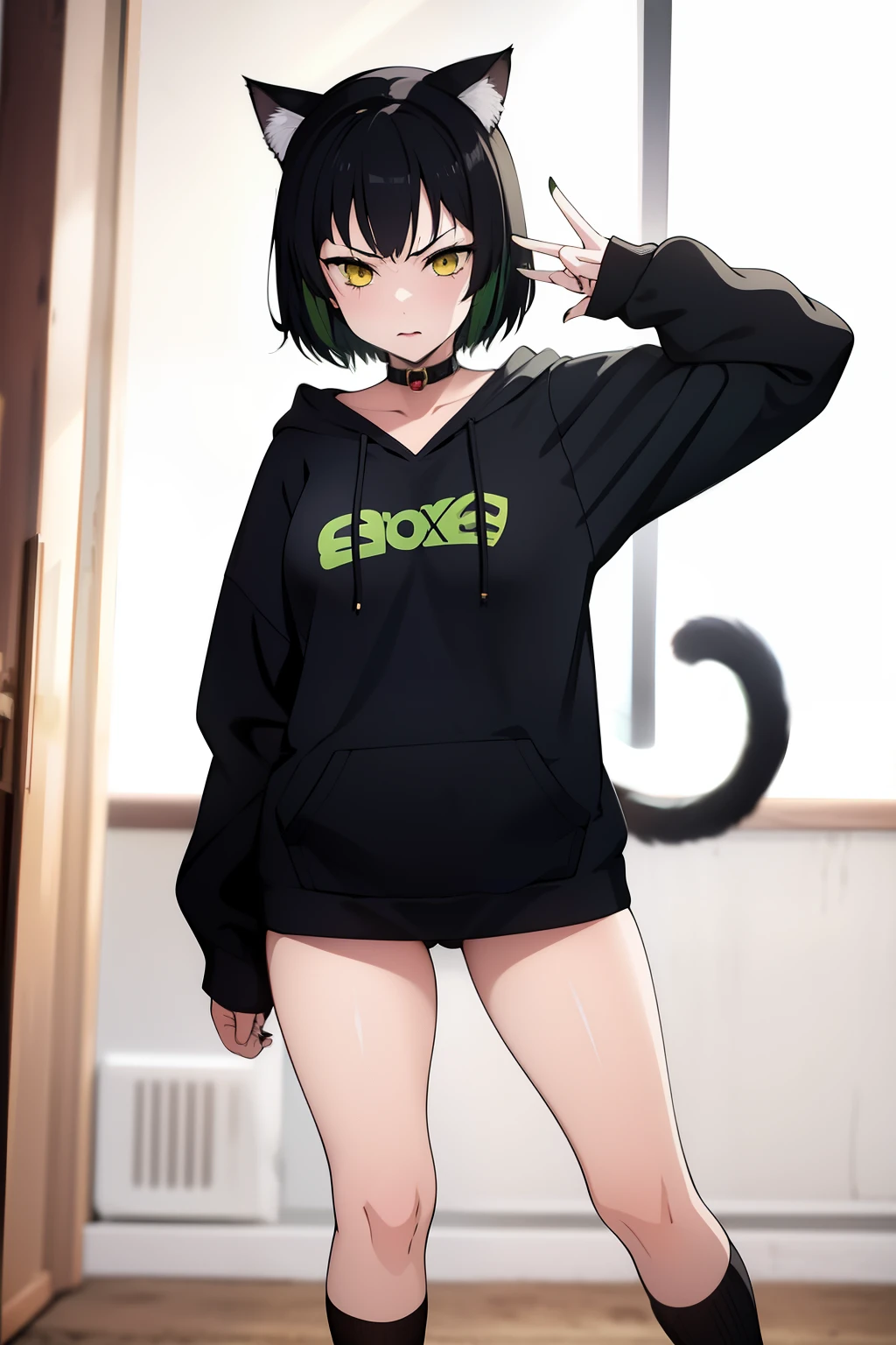 Cute girl, dark green hair, yellow eyes, short hair, cat ears, cat tail, cat collar, sexy body, sex, sexy,beautiful eyes,Combat stance,cat,meow, full body,Draw hands better, Green hoodie
