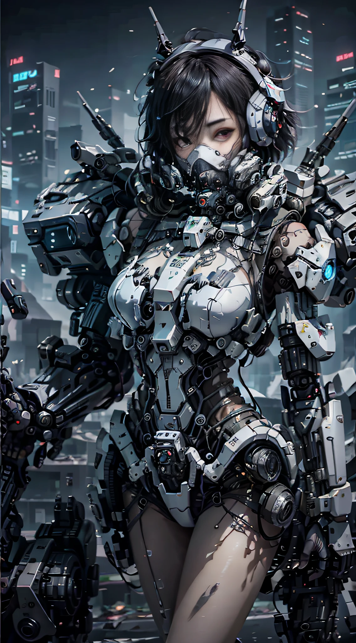 This is、Ultra-details in a cyberpunk style dominated by black and red、hight resolution、It is a CG Unity 8k wallpaper with the highest quality。In the photo、white messy short hair、delicated face、A beautiful girl wearing a steam mecha mask is standing in the ruins.、Behind her is a huge robot.、holding a heavy sniper rifle in hand