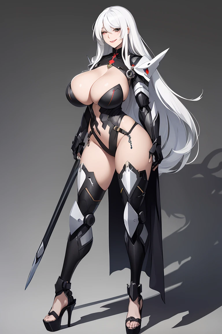 a matural female,age 22,gigantic cleavage breasts,Nipple presentation,Metal heels,Black metal mech,Long white hair,hair covering one eye,Smile