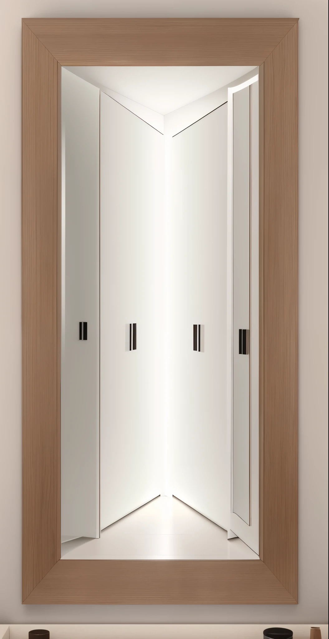 a close up of a mirror on a wall with a wooden frame, mirror texture, abstract mirrors, gradient brown to white, mirror background, day light, beige, mirrors, full lenght view. white plastic, flat neutral tone, high detail product photo, detailed zoom photo, with clear glass, door, big mirrors, mirror hallways