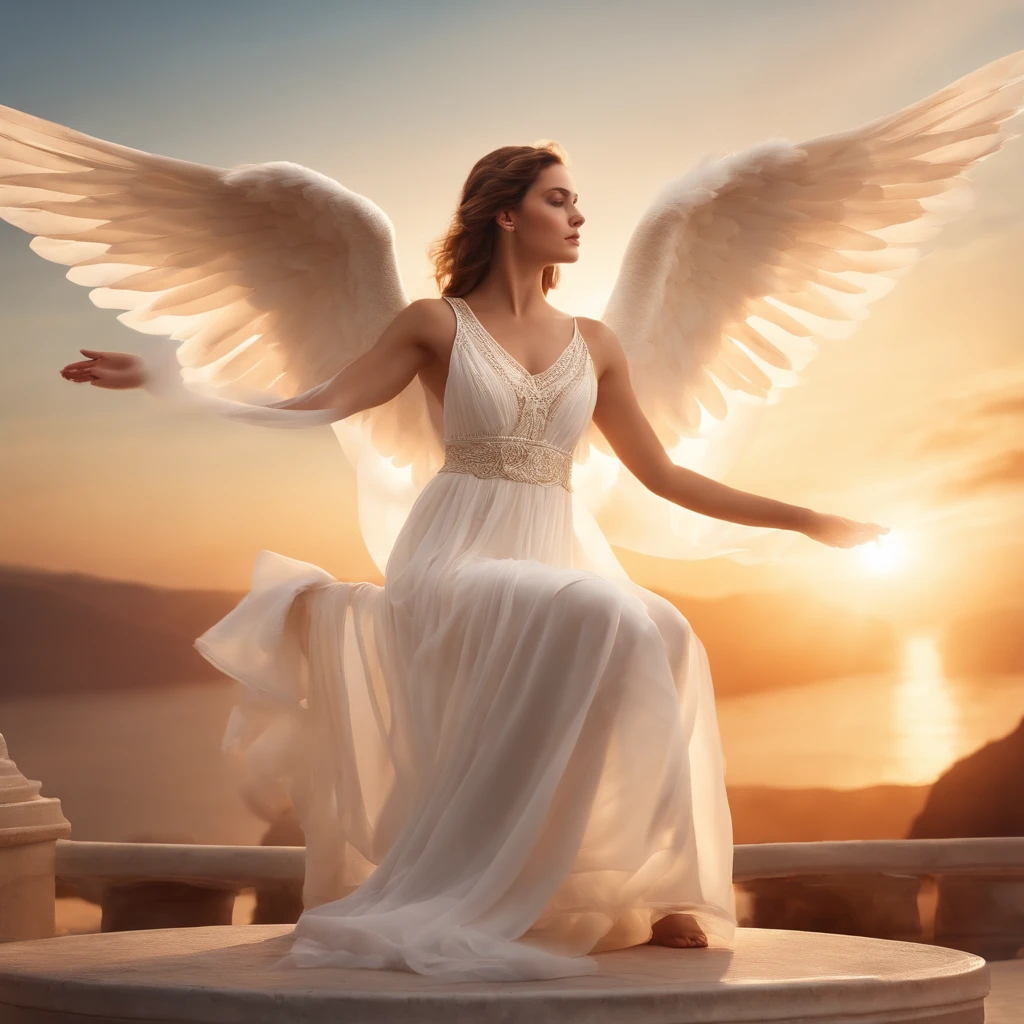 hyper realistic image of an angel in the center of the screen, sitting on a small Greek column, female, white and light Greek style dress, fabric fluttering in the air, large, white and raised wings, light coming from behind the wings, in the background a beautiful sunset, at the base of the photo there are a large number of roses. extremely detailed image.