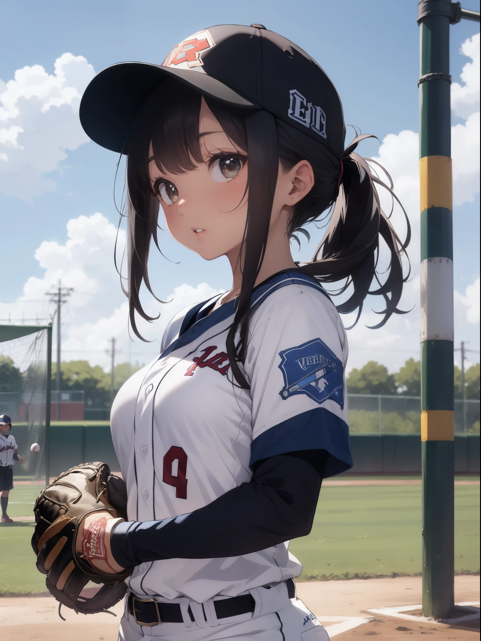 neocoill,  masterpiece, best quality, 1girl, baseball uniform, solo, baseball mitt, baseball cap, hat, baseball, sky, sportswear, cloud, black hair, blue sky, day, holding, shirt, bangs, medium hair, long sleeves, standing, holding ball, outdoors, looking at viewer, parted lips, large breasts, mature female,