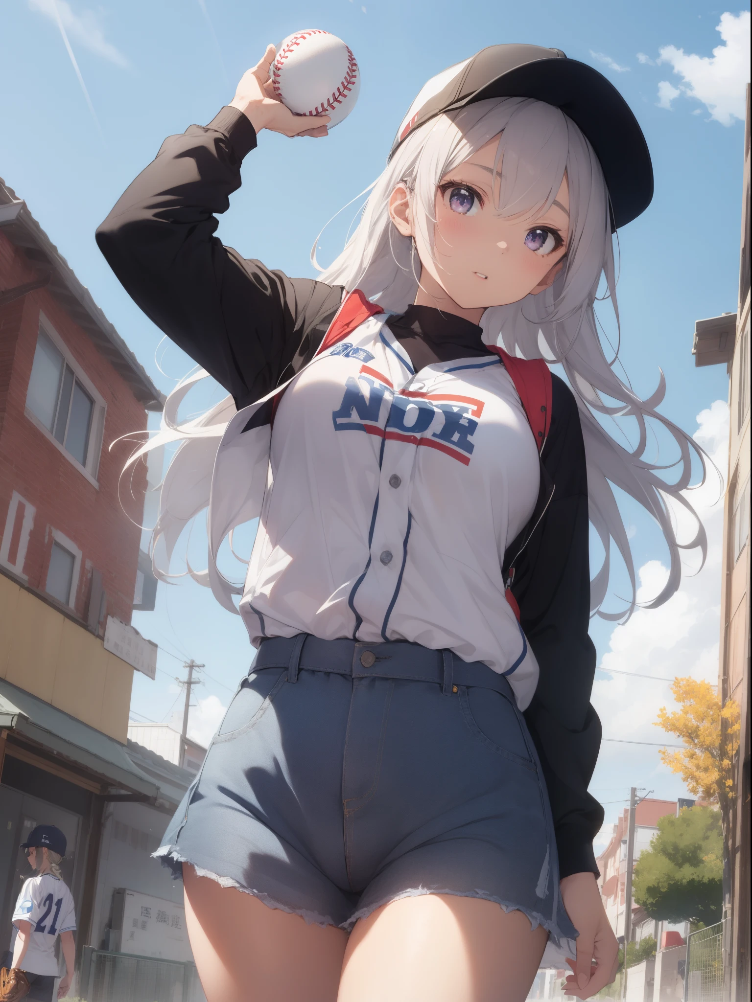 Neocoil, ​masterpiece, top-quality, 1girl in, Baseball Uniforms, 独奏, Baseball Mitts, Baseball Cap, Hats, Baseball, 天空, sports wear, 云, white  hair, blue-sky, tag, ngel, The shirt, bangss, Middle hair, long-sleeve, is standing, holding a ball, outside of house, looking at the viewers, cparted lips, large full breasts, a matural female,Light purple eyes