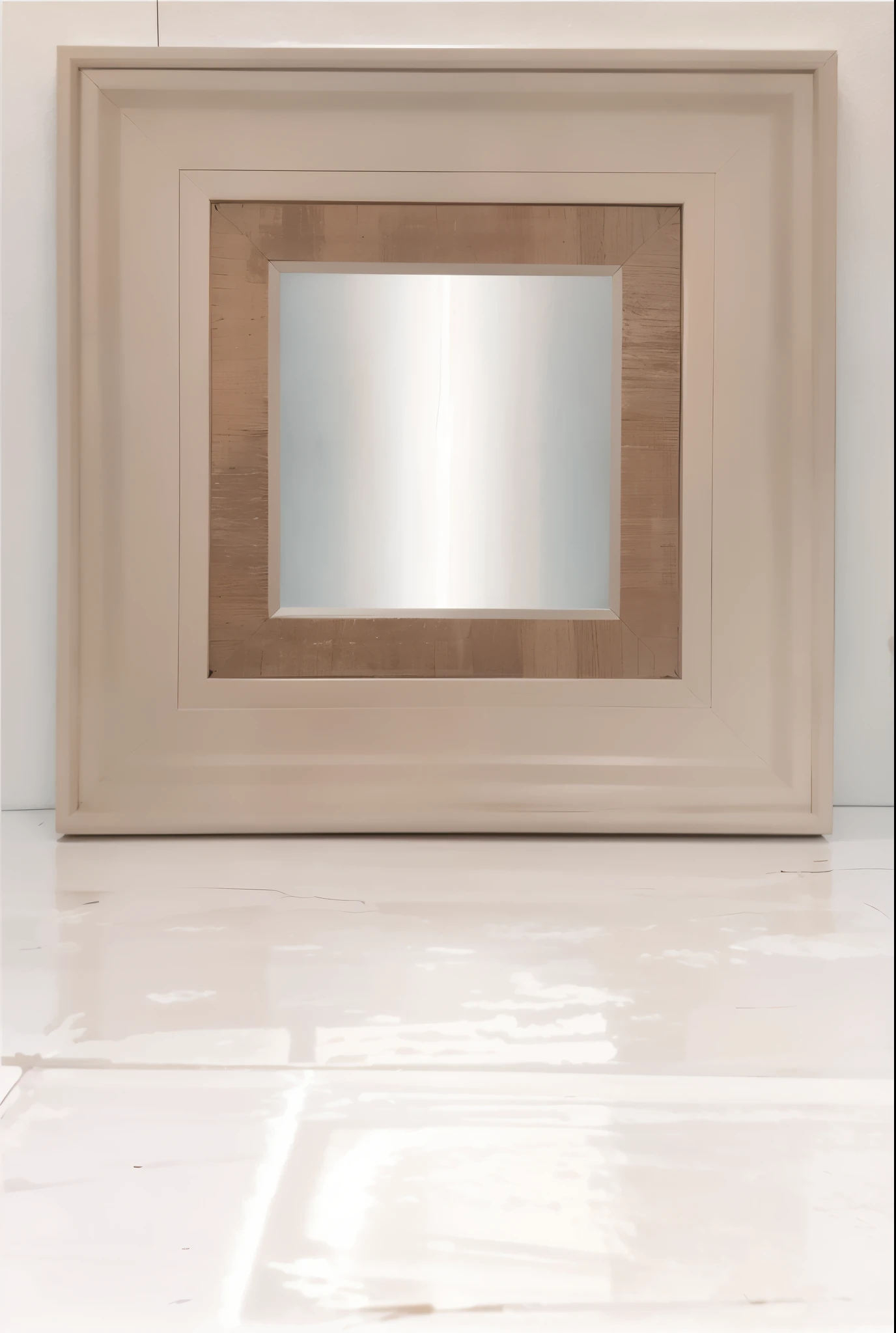there is a picture of a mirror on the wall in a room, mirrors, square pictureframes, day light, beige, mirror texture, inside a frame on a tiled wall, with blunt brown border, mirror background, portrait n - 9, centered wide framed window, abstract mirrors, reflection, picture frames, product photo, listing image, taupe, product image