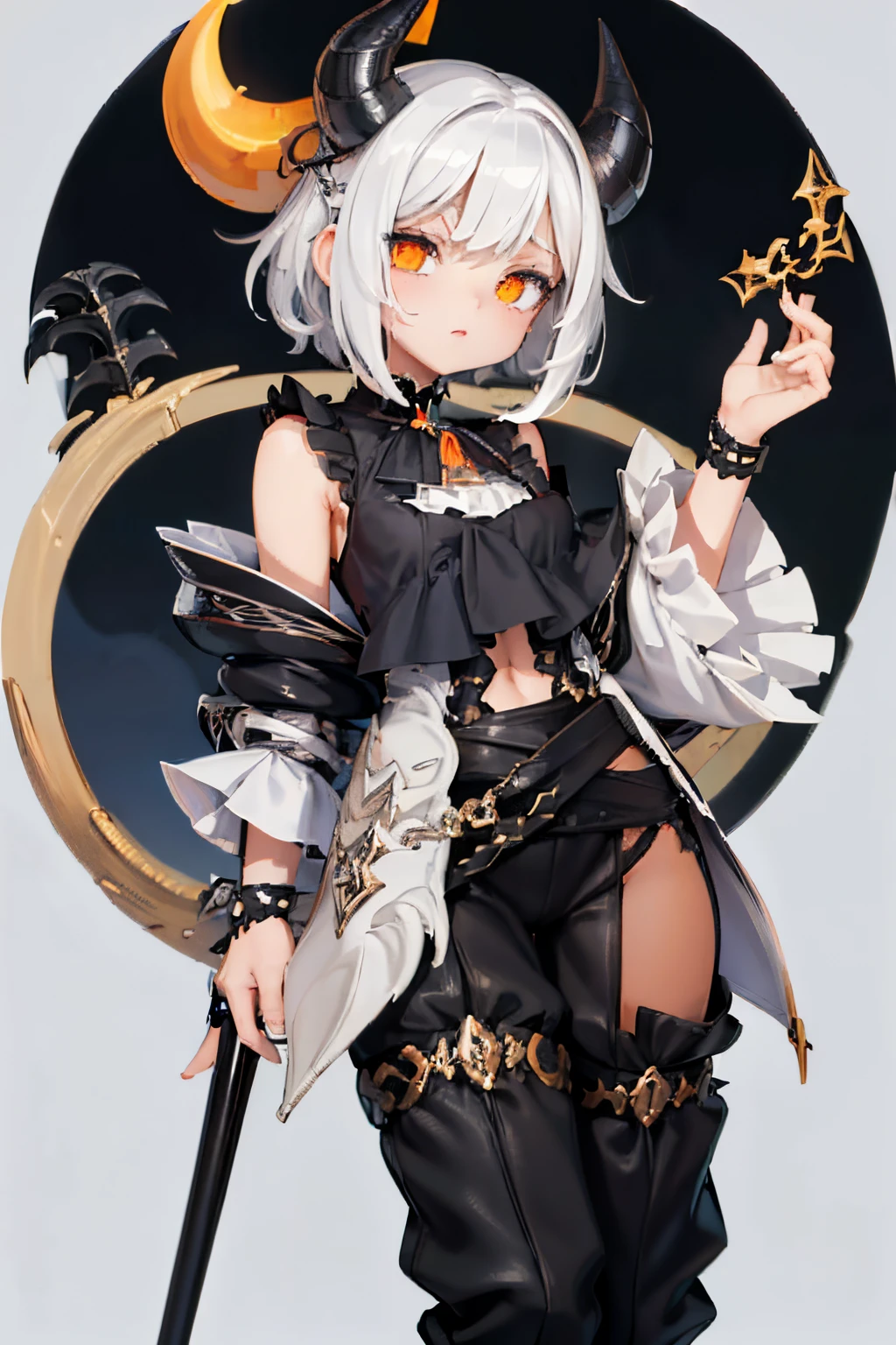 Personagem magra de frente, com o cabelo liso, branco e longo, black horn and halloween mask, asas brancas e pretas, blusa laranjada e preta, with black and orange white pants, tenis soft, cute, anime style, fluffly