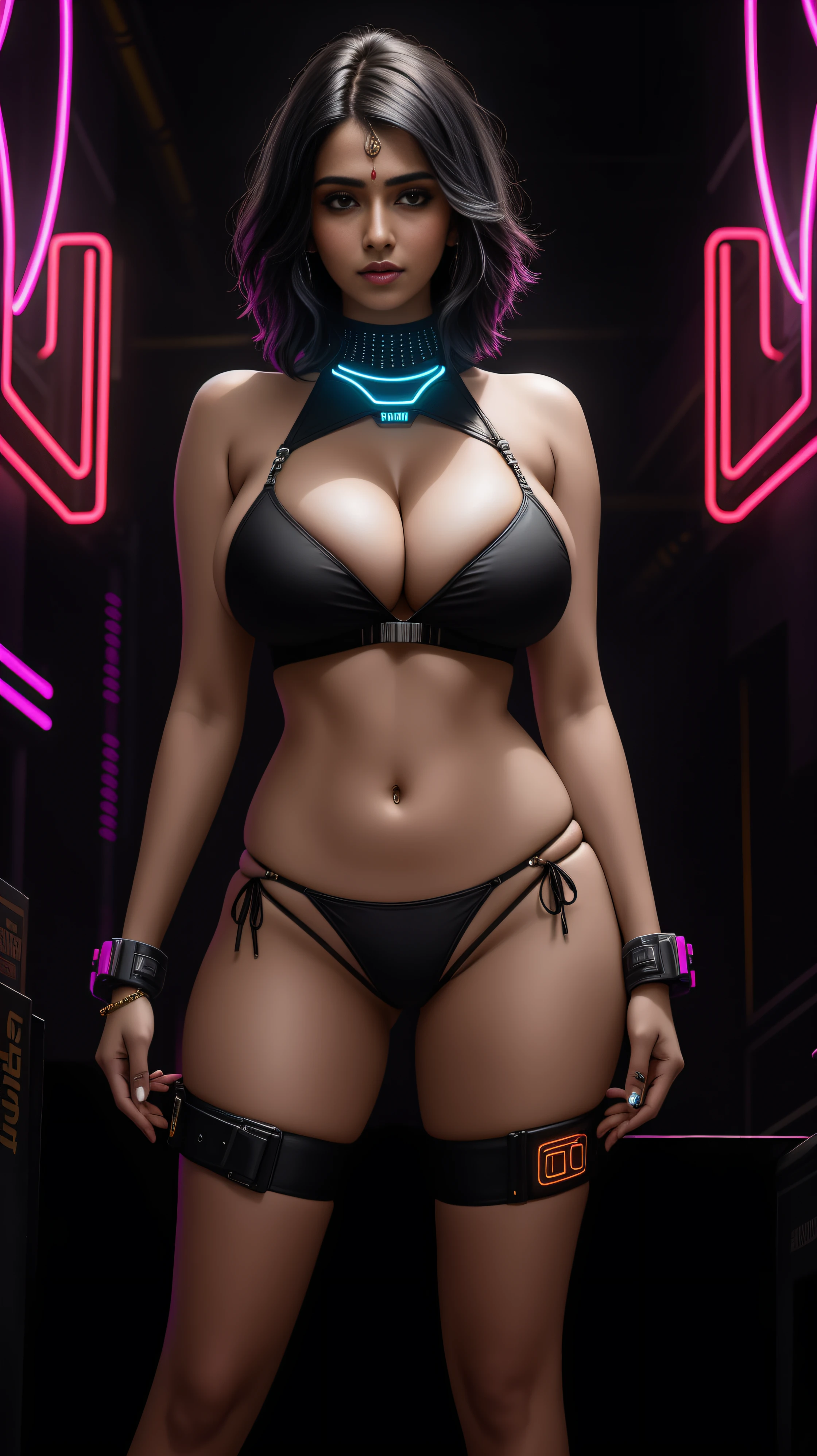 there is an indian woman standing, 3 d neon art of a womans body, neon-noir background, cyberpunk femme fatale, seductive cyberpunk dark fantasy, cyberpunk strip clubs, cyberpunk 20 y. o model girl, oppai cyberpunk, banner, high definition cgsociety, cgsociety masterpiece, trending on cgstation, kda, random hair, looking at camera, gigantic breasts, cleavage, (high detailed skin:1.2), 8k uhd, dslr, super lighting, high quality, film grain, high res, highly detailed, hyper realistic, beautiful face, beautiful body, beautiful eyes nose lips, alluring expression, very bold, upper boobs visible, full body photo, standing legs apart, pale translucent glowing skin, most beautiful face, cute, (well defined pubic hair:1.2)), (dark plain black background:1.4))