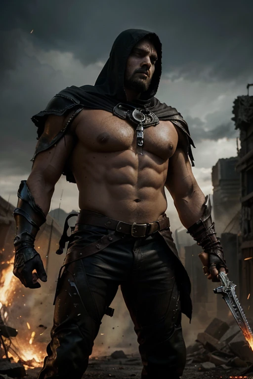 Produce a high-resolution digital image that portrays the War character from the Darksiders game in all his grandeur and ferocity. War is a powerful being, um dos Quatro Cavaleiros do Apocalipse, and must be represented in his iconic red armor with white hood and hair, boasting an imposing and robust appearance. He carries his signature weapon, a espada Caos, and your presence must convey an aura of strength and determination. The setting should reflect an apocalyptic environment, with epic and dark elements around, creating an intense and dramatic atmosphere. The image should capture the essence of the character and highlight their distinctive details realistically, with a cinematographic style that highlights his heroic and fearless nature.