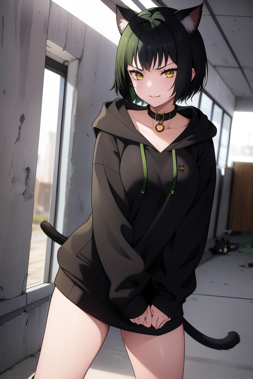 Cute girl, dark green hair, yellow eyes, short hair, cat ears, cat tail, cat collar, sexy ,beautiful eyes,Combat stance,cat,meow, full body,Draw hands better, Green hoodie, dark green hair, beautiful smile, Green hair, draw the hand well