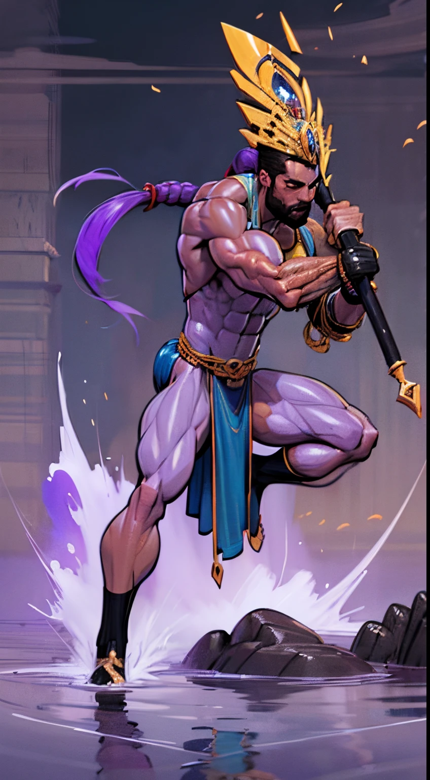 ((Action pose:1.5)), a painting of a (((muscular))) man with an axe, large body of water surrounds man, The God Poseidon, ((thick muscular thighs)), The God of the Sea, brown loincloth, golden crown, The God Hades, Poseidon, Charon, colored lavender skin, colored skin, ((lavender skin:1.4)), lavender face, lavender feet, lavender arms, The Boatman of Hades, God of the Ocean, God of the Underworld, Hades, God Shiva the Destroyer, Furious God Zeus, Like an Atlantean, veiny biceps, chiseled abs, muscular legs, rugged face, long hair in ponytail, masterpiece, 8k