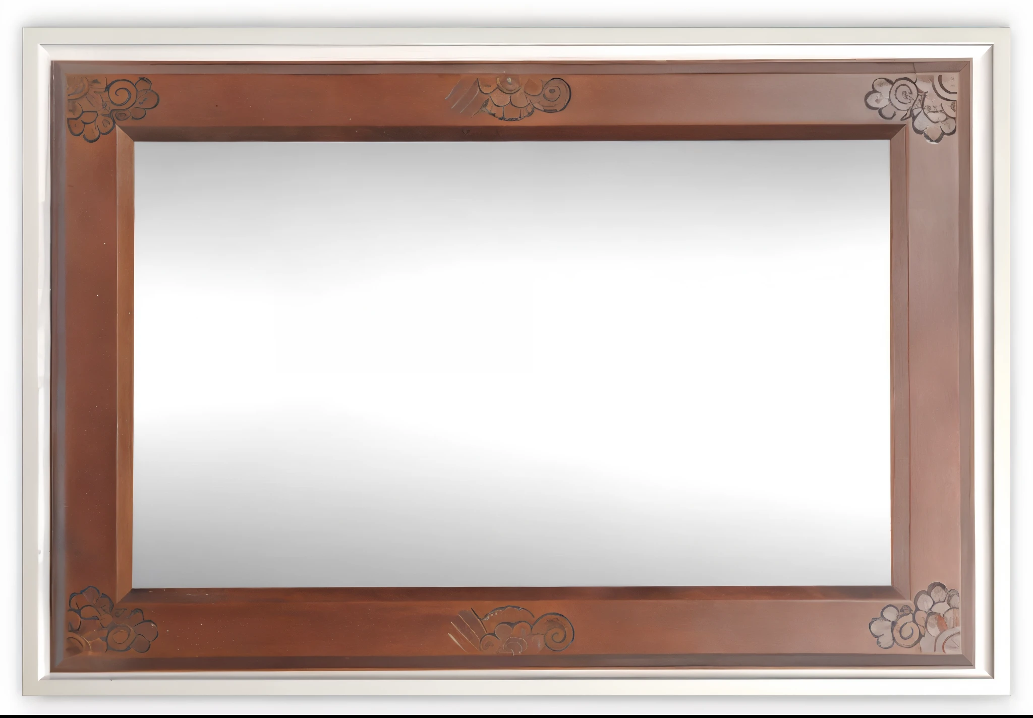 there is a mirror with a wooden frame and a white background, caesar, with blunt brown border, mirrors, mirror, big mirrors, reflection, tv frame, sakura, doctors mirror, medium frame, majestic”, mirror texture, art deco, with ornamental edges, decorative frame, inside mirror, art-deco, art - deco, art nouveau framing, art nuevo