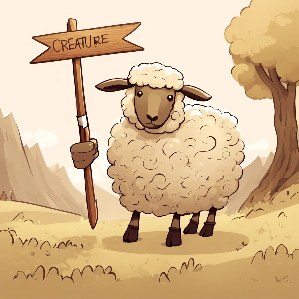 Bipedal creature resembling a sheep with brown wool with a white arrow on it and holding a wooden sign, masterpiece, best quality, in kiragami art style