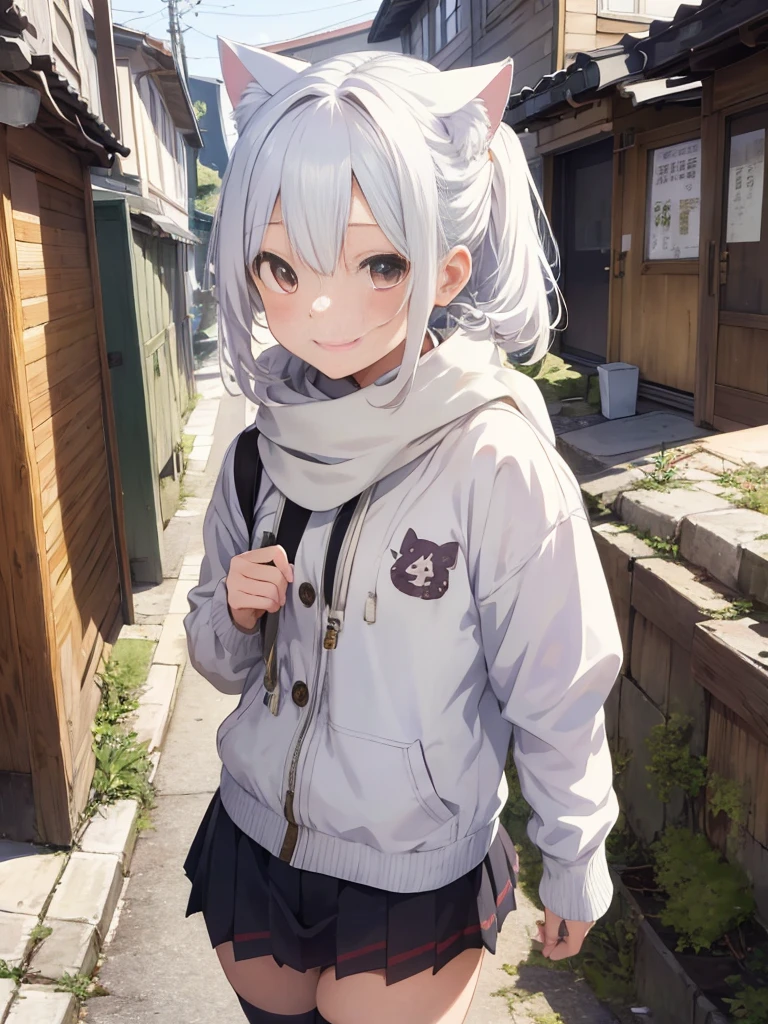 ​masterpiece、top-quality、女の子1人、white  hair、Medium hair、cat ear、a smile、Viewer's Perspective、:3、kawaii、scarf、jaket、outside of house、Street、