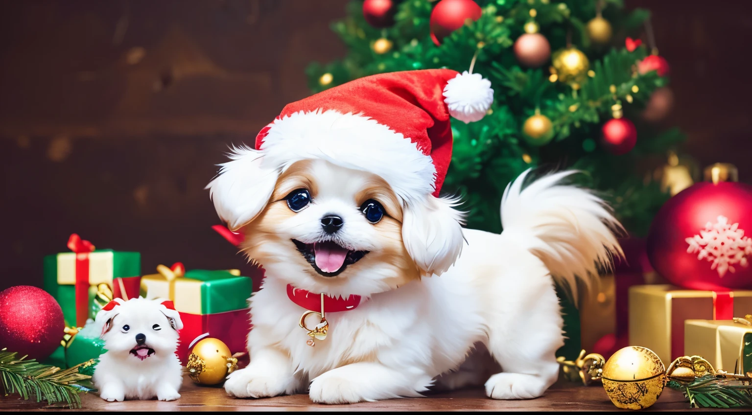 3D vector art、Girl holding a colorful cute white Pekingese dog、（dog is wearing a christmas hat、dog has a bell&#39;Collar、 cute christmas present）, Ultra-realistic high quality,  Cute and quirky, Fantasy Art, Watercolor effect