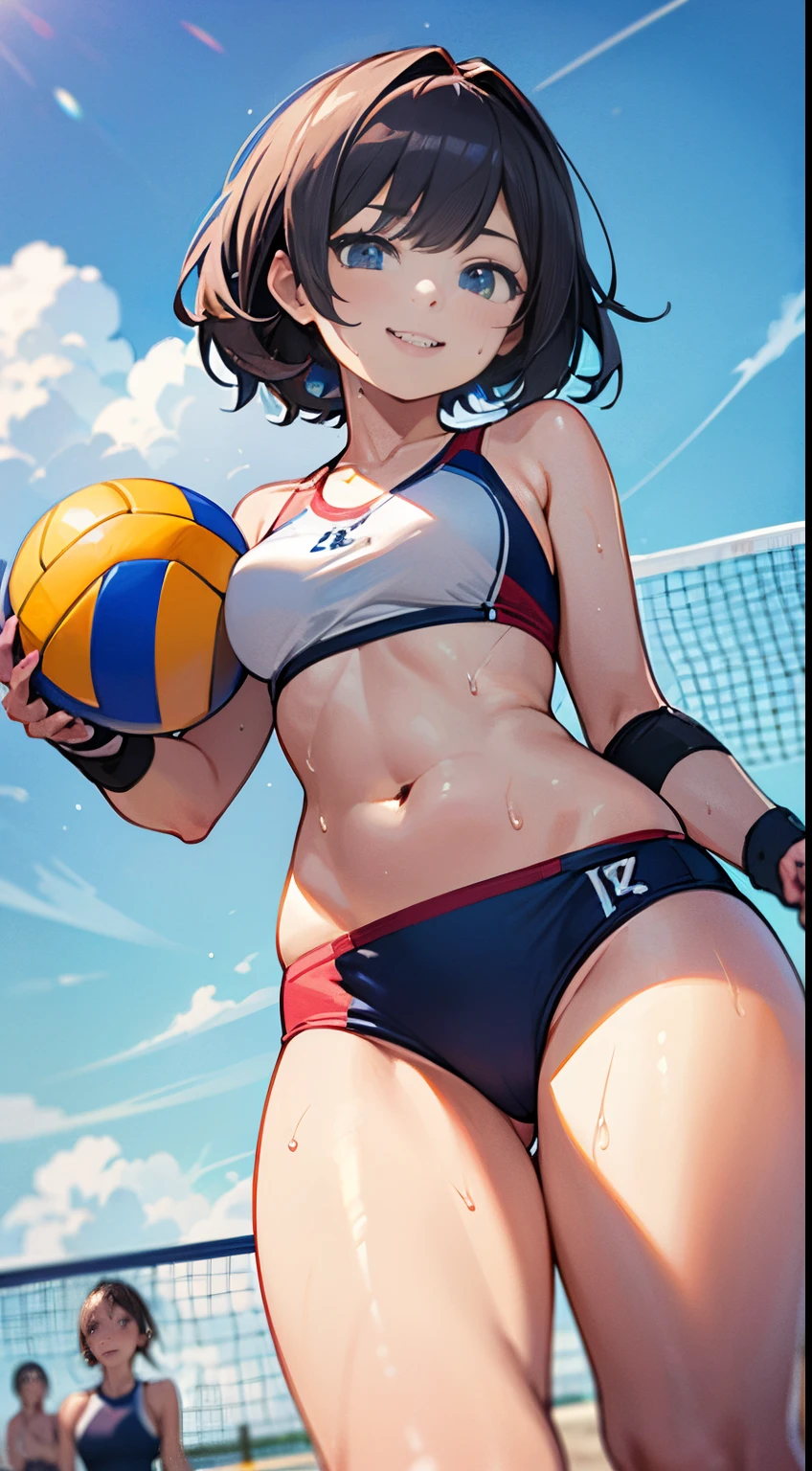 unity 8k wallpaper, anatomically correct, (((masterpiece))), (((best quality))), (((ultra detailed))), (((high-resolution))), ((super fine illustration)), ((Ultimate cutie)), detailed beautiful face, ((2 girls)), , (potbelly), (curvy), medium breasts, ((Thick thighs)), shiny hair, ((evil smile)), smirk, (blush), BREAK, (((sports bikini))), swim wear, (beach volleyball uniform), ((wrist bands)), ((kneepads)), BREAK, ((hold the Beautiful spherical shape 6-inch volleyball with both hands)), stylish pose, ((sweat)), (perspired), (heavy breathing), sense of depth, in beach volleyball court, in beach, lighting, from below, looking at viewers, cowboy shot