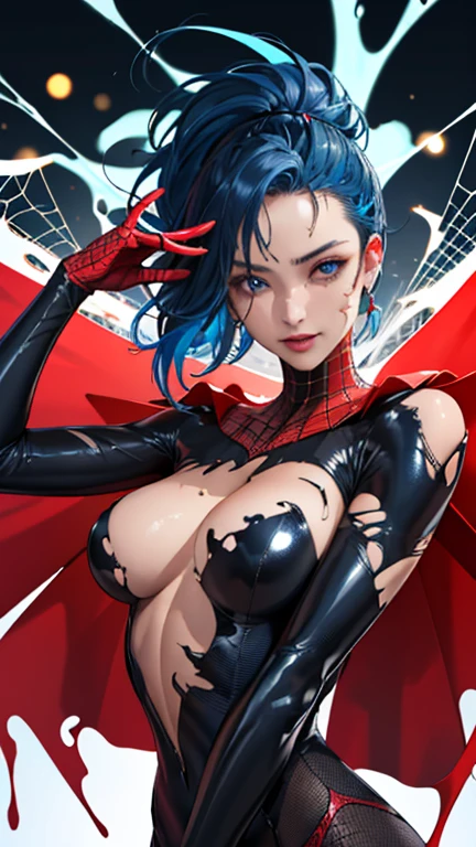 (best quality, masterpiece, colorful, dynamic angle, highest detailed) upper body photo, fashion photography of cute, dark blue hair with black highlights, torn spiderman suit,(ultrahigh resolution textures), in dynamic pose, bokeh, glowing web, (intricate details, hyperdetailed:1.15), detailed, light passing through hair, colorful art flat background(official art, extreme detailed, highest detailed), calmart, revealing clothes, coquettish, black streaks in hair, living clothes, shiny skin, dripping in fluids, sticky fluids on skin