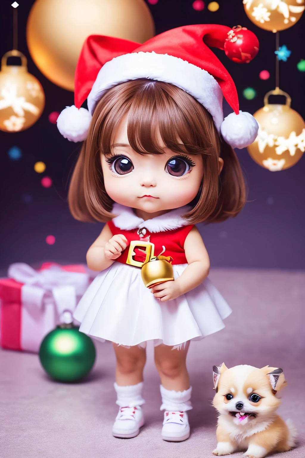 3D vector art、Chibi girl holding a colorful cute white Pekingese dog、(dog is wearing a christmas hat、dog has a bell'Collar、 cute christmas present), Ultra-realistic high quality, Cute and quirky, Fantasy Art, Watercolor effect