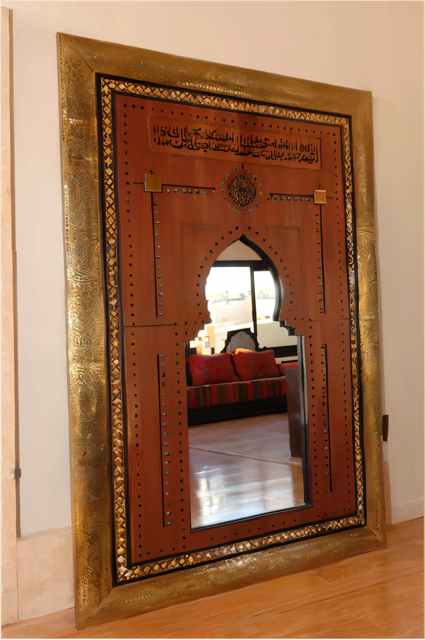 there is a mirror with a picture of a room in it, arab inspired, decorated polished wood, massive decorated doors, orientalisme, inspired by Riad Beyrouti, mirror and glass surfaces, intricate details in the frames, inspired by Alberto Morrocco, big mirrors, islamic interior design, inspired by Osman Hamdi Bey, 3 4 5 3 1, moroccan