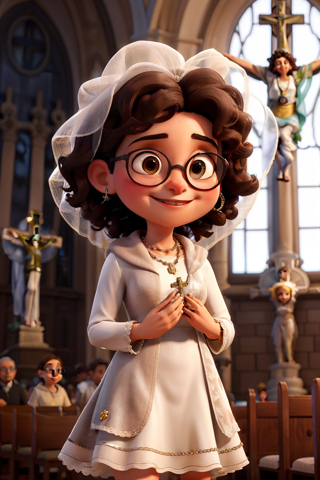 Uma mulher, de cabelos pretos, medium low curly, medium brown eyes, wearing round silver-colored glasses, in front of a Catholic church holding a rosary in hands, she has a veil on her head and is wearing a white dress, esta feliz e sorrindo e esta usando  colar com uma cruz