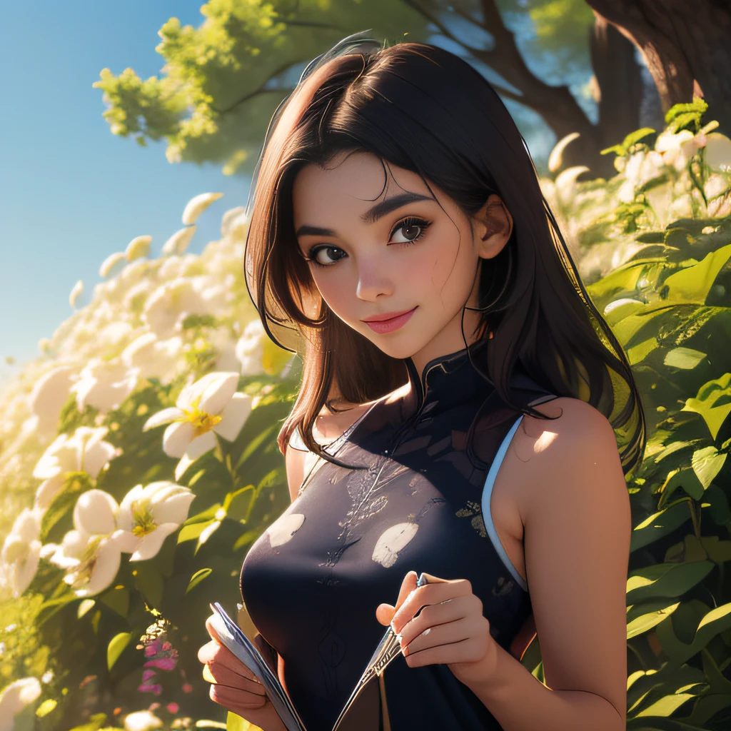 (Extremely detailed 8k wallpaper:2), (photo:2), (18 years old soigne Beautiful girl:2), (gives a lecture to friends:2), detailed (Face and eyes), (hyper realistic:1), (highly detailed:1), (epic realistic:1), rim light, (maximum details:1), cozy, (fullbody:1.3), (looking at viewer:2.0), (Woman's Attractive Qualities:2), (Attractive Woman:2), (Attractive:2), Smile, Intelligence, Empathy, Gracefulness, Sense of Style, Fitness, Grooming, Optimism, (Sensitivity:2), Sincerity, Romantic Gestures, Playfulness, Fashion Sense, (Sensuality:2), Charm, Modesty, Thoughtfulness, (Femininity:1), Flirtatiousness, Warmth, (Physical attractiveness:2), A beautiful smile, A love of life, strength and power, vulnerability, curiosity, wonder, love, (nature background:2), kawaii, waifu, Beautiful breasts, (attractive body:2), (Beautiful body:2), Beautiful pose, attractive pose, (Beautiful legs:1.0), (Beautiful clothes:1), (classic clothes:2), (elegant clothes:2), (European clothes:2), detailed clothes, (skirt:1), (blouse:1), (provocative pose)