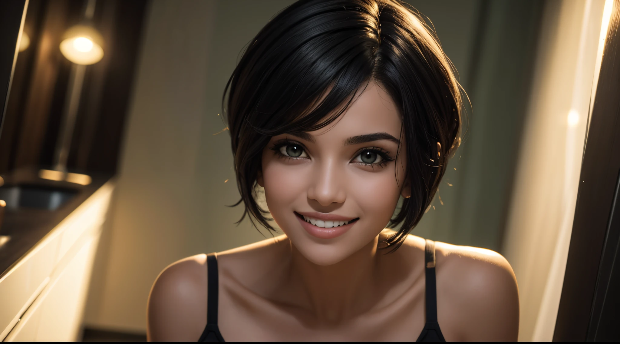 uma jovem de cabelo preto, olhos verdes, short hair up to the shoulders, ela em uma barzinho, it is night time, com roupas leves e bonitas, com riqueza de detalhes, melhor fotografia, obra prima, luz cinematografica, sorridente, mostrando os dentes, feliz,