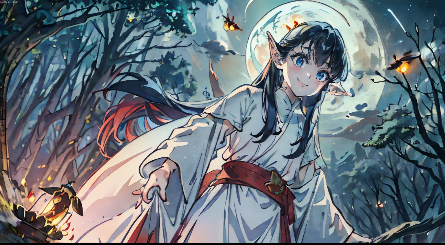 low angle shot, elf of the forest, mystical creature, frieren face, (light smile), red cheeks, freckles, big eyelushes, blue eyes, pure white long skirt, (moonrays), moonshine, night haze, mystical sensation, (fireflies), masterpiece, award winning, best quality.