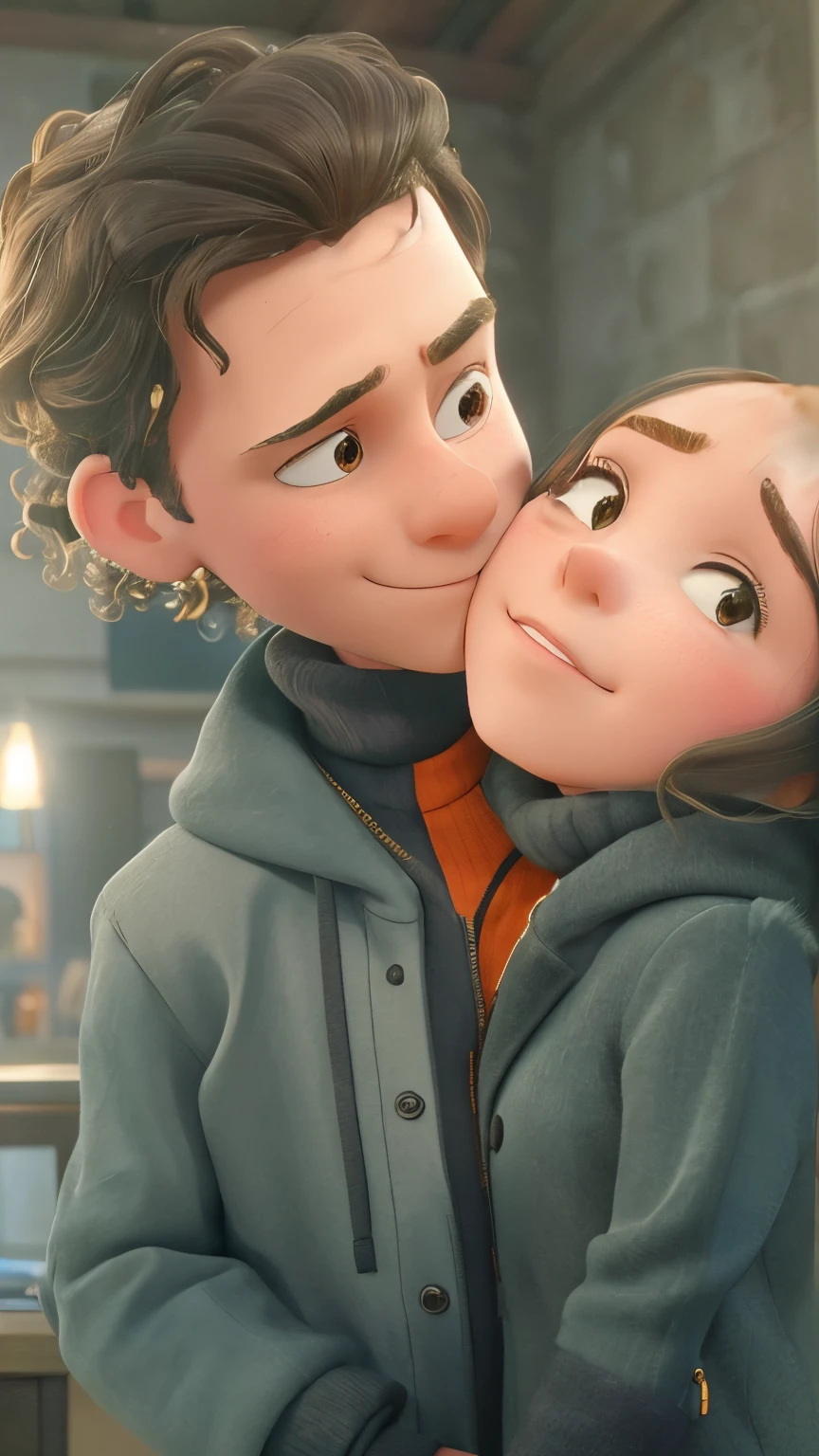 A man hugs the girl from behind and kisses her on the cheek. The girl is tilting her head to the right, she is grinning slightly, her dimples are visible, she has brown eyes, she is beautiful, she wears a black headscarf, she has a black coat on, an orange sweater is visible through her coat. The boy is taller than the girl, he kisses the girl on the cheek, he has brown eyes, a black turtleneck and jacket, his hair is wet and curly.