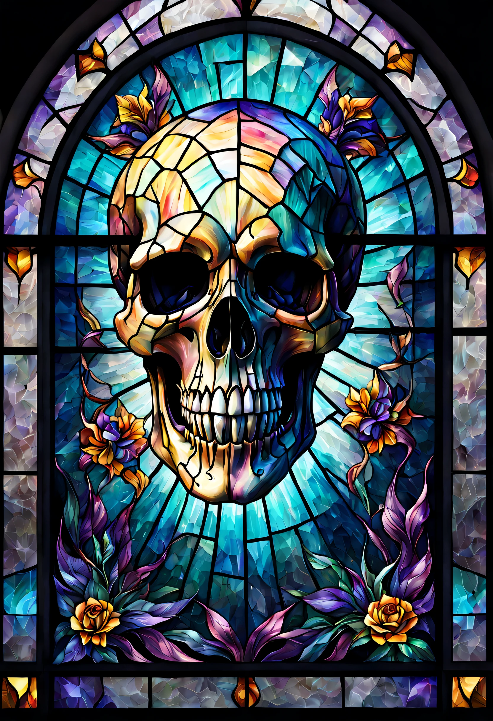 A realistic colored stained glass windows skull, beautiful and detailed. Which explodes when falling to the ground, the projections are textured like colorful dust