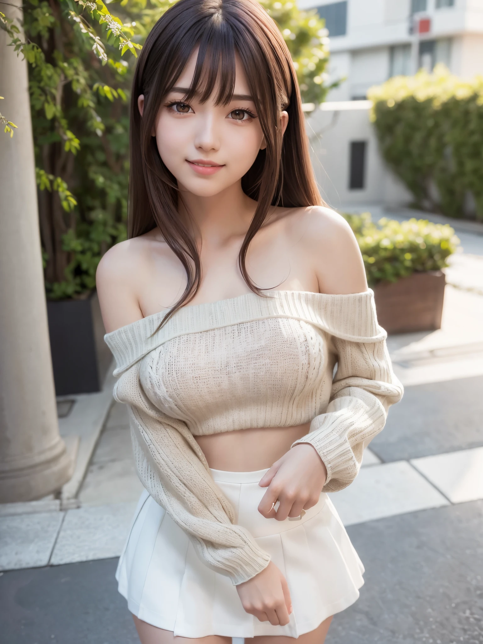 ((masutepiece)), ((Best Quality)), (Ultra-detailed), Realistic, Real, 1girl in, Solo, Dynamic Angle 0, Looking at Viewer, Full body standing,a Japanese young pretty woman, Long bob hair, Glamorous figure, A big smile,((Beautiful eyes)), Park with autumn lake,white off-shoulder tops,Black Leather Mini Skirt,large breast0, hyper cute face, Glossy lips, Perfect double eyelids for both eyes, Natural makeup, long eyelashes, Glossy smooth light brown long bob hair, asymmetrical bangs, Shiny skin, central image, High resolution, high detailing, Insanely detailed,detailed hairstyle, Detailed face, spectacular movie lighting, Octane Rendering, Vibrant, Hyper realistic, Perfect limbs, Perfect Anatomy