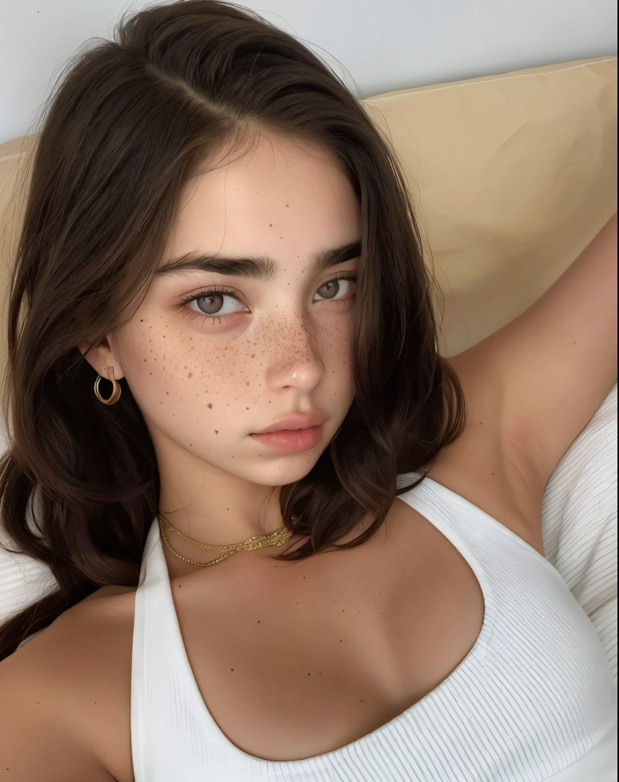 18 years old, brunette, straight long hair, realistic, instagramart, sexly, big natural tits, freckled, earring