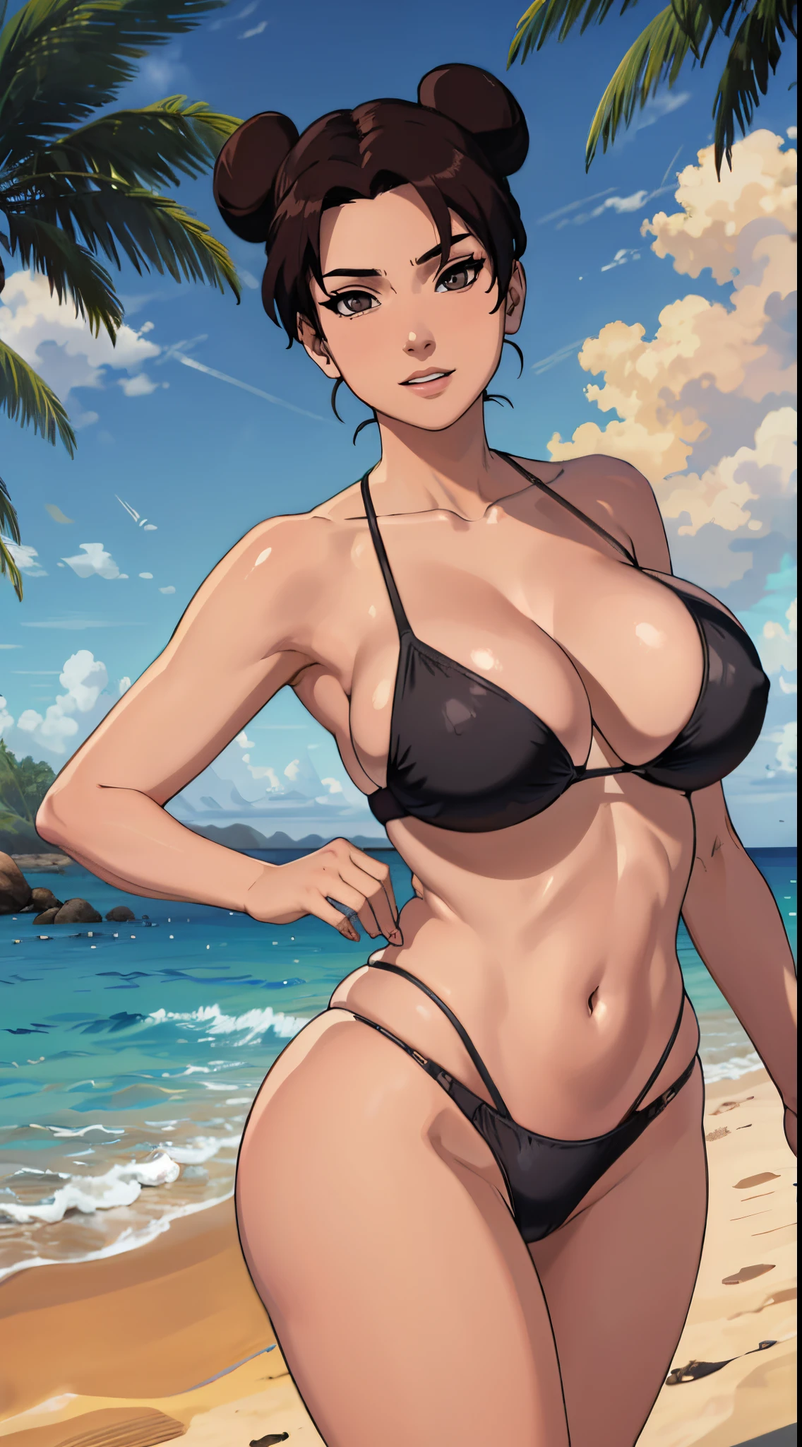 (best quality:1.3), Tents, busty, cleavage, seductive, sexy, curvy body, big ass, big boobs, (thong bikini), (( beach))