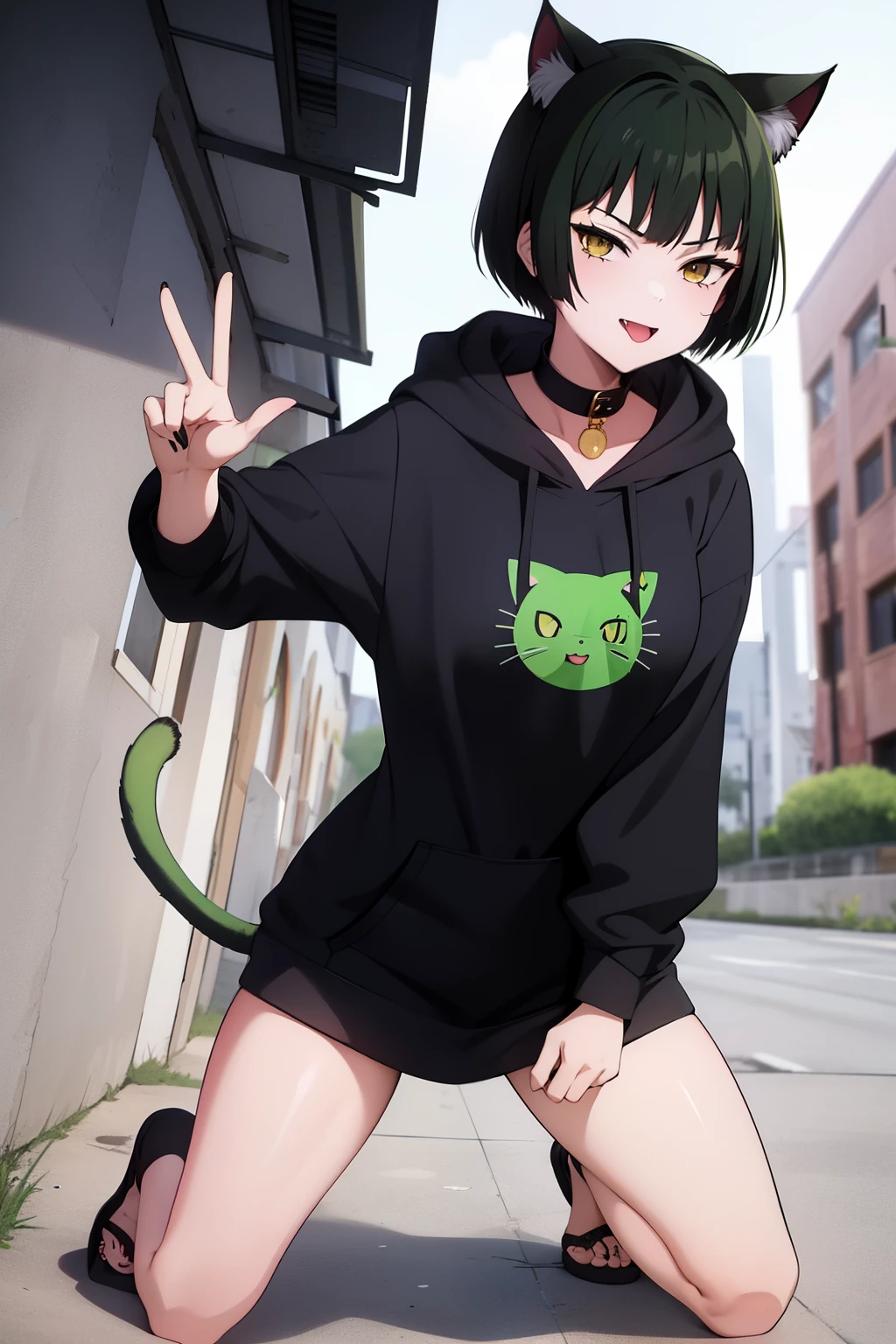 Cute girl, dark green hair, yellow eyes, short hair, cat ears, cat tail, cat collar, sexy ,beautiful eyes,Combat stance,cat,meow, full body,Draw hands better, Green hoodie, dark green hair, beautiful smile, Green hair, draw the hand well, Lifting her ass, Tongue outside the mouth, million, banana