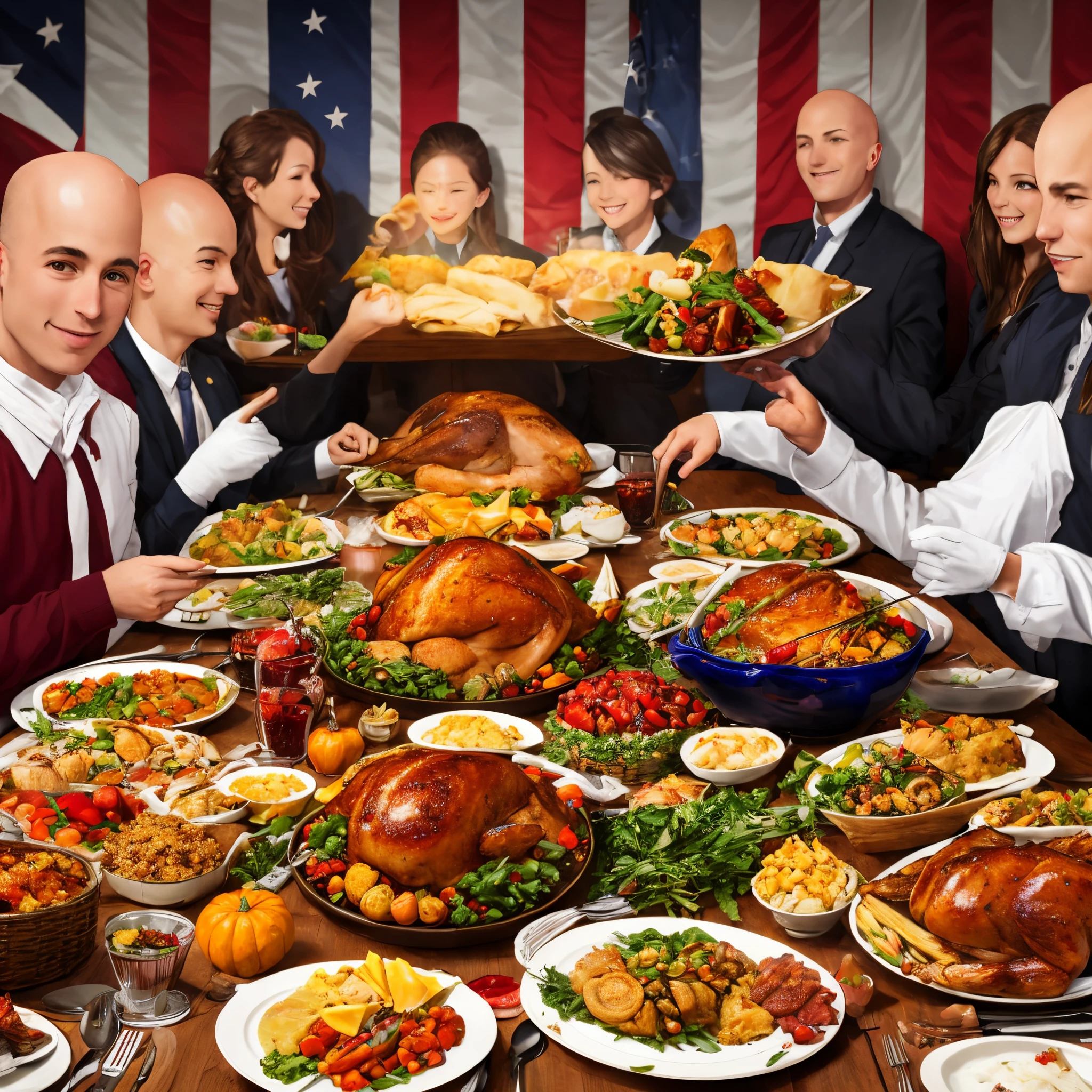 Thanksgiving dinner with bald eagle flying over and american flags