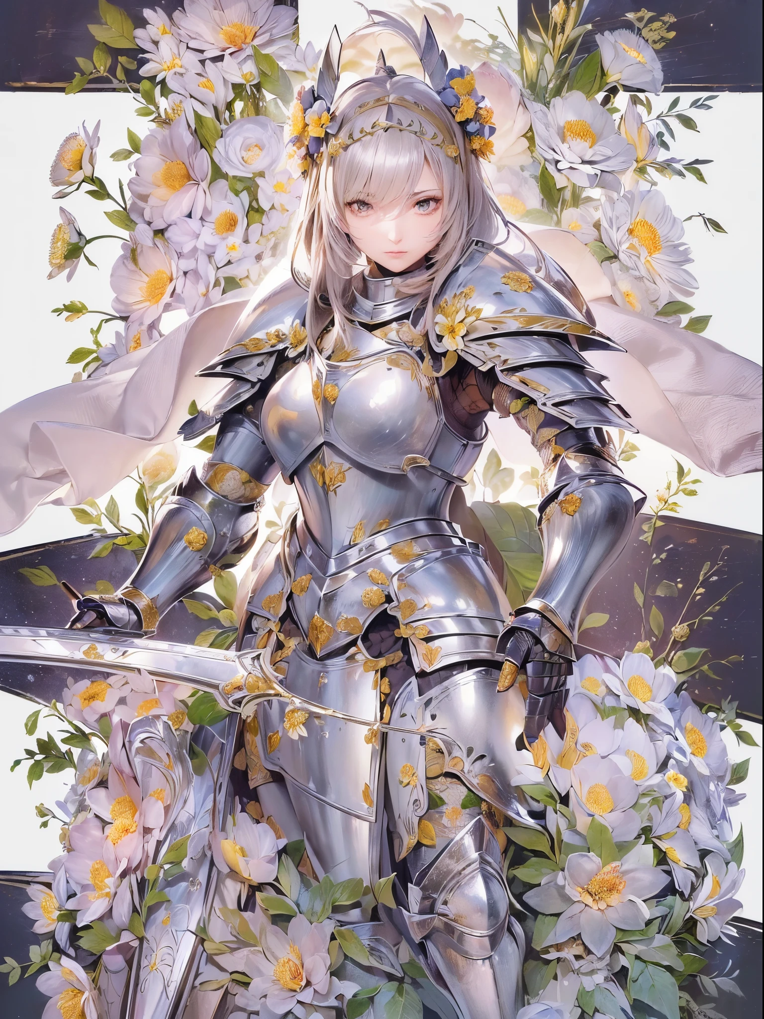 ((Finest quality)),(超A high resolution),(ultra-detailliert),(Meticulous portrayal),((Best Anime)),(Finest works of art),Ultra-Precision Art,The art of astounding depiction,Overwhelming descriptive power:1.5, (1 Female Knight:1.5),(Full armor with flower relief:1.5), Gorgeous:1.5