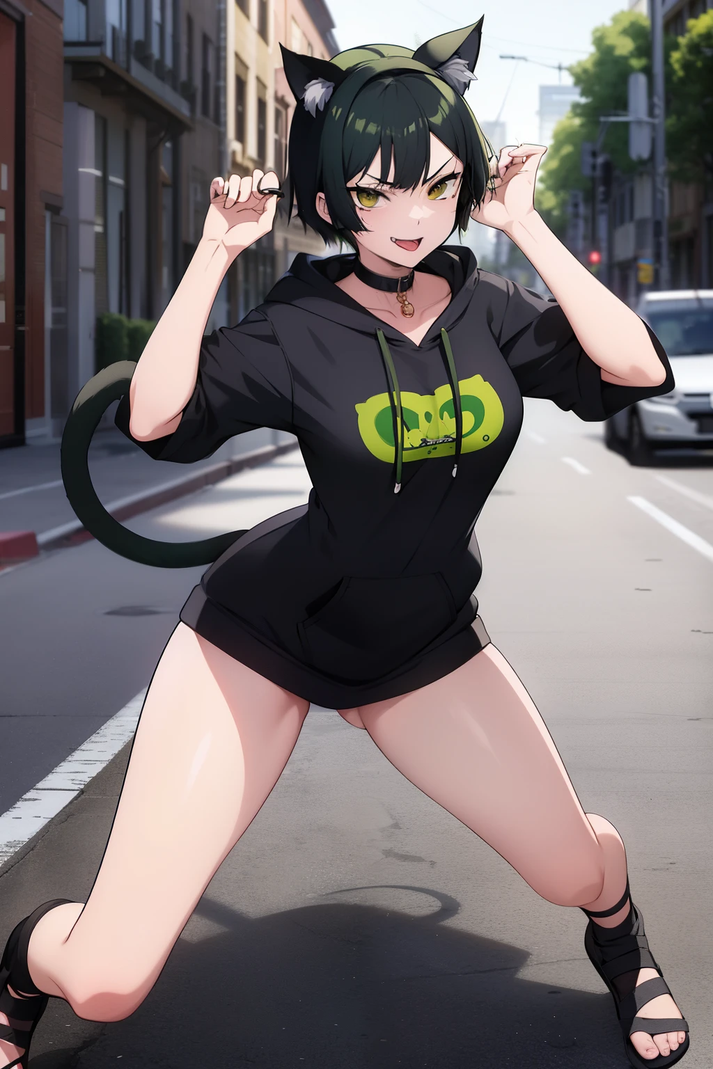 Cute girl, dark green hair, yellow eyes, short hair, cat ears, cat tail, cat collar, sexy ,beautiful eyes,Combat stance,cat,meow, full body,Draw hands better, Green hoodie, dark green hair, beautiful smile, Green hair, draw the hand well, Lifting her ass, Tongue outside the mouth, million, banana, in the street