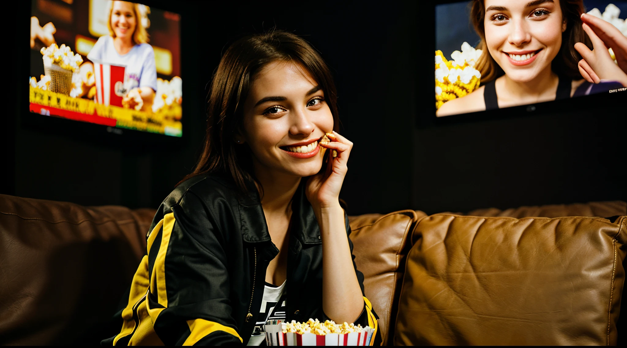 a side girl smile on the side eating popcorn watching a big screen in other side, 3d style on a dark background lots of popcorn
