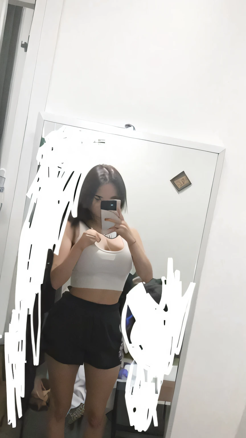 there is a woman taking a picture of herself in a mirror, fit pic, low quality photograph, low quality photo, frontal picture, croptop, half body cropping, 18 years old, very very low quality picture, 2 2 years old, half body photo, 21 years old, mirror selfie, 2 3 years old, 1 6 years old
