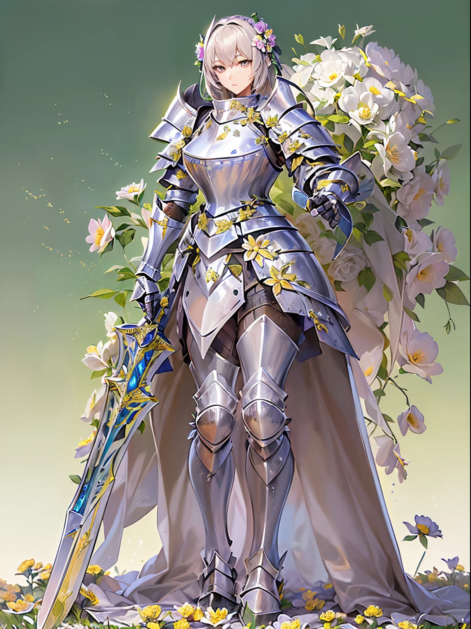 ((Finest quality)),(超A high resolution),(ultra-detailliert),(Meticulous portrayal),((Best Anime)),(Finest works of art),Ultra-Precision Art,The art of astounding depiction,Overwhelming descriptive power:1.5, (1 Female Knight:1.5),(Full armor with flower relief:1.5), Gorgeous:1.5