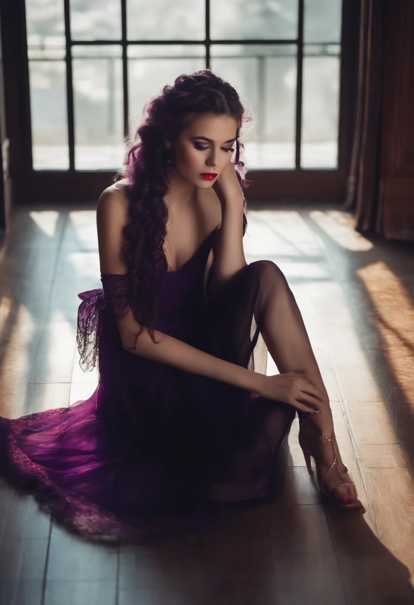 lonely girl, long braided hair, curly purple hair, light purple hair, beautiful bright red eyes, black dress, sitting on the floor, at home, provocative face,