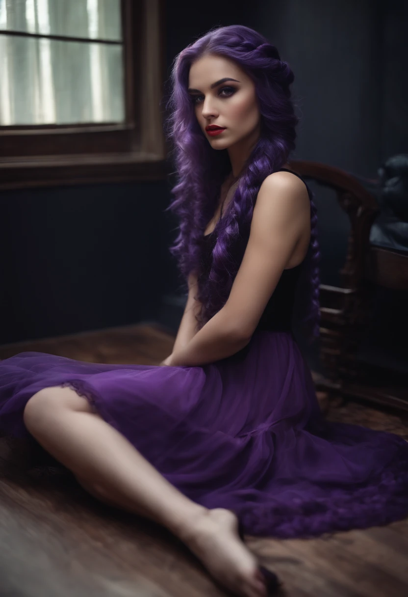 lonely girl, long braided hair, curly purple hair, light purple hair, beautiful bright red eyes, black dress, sitting on the floor, at home, provocative face,