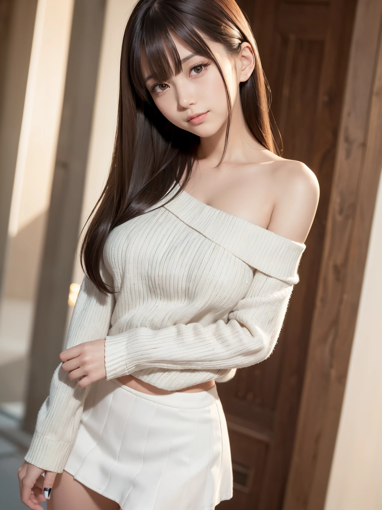 Smile、natta、Raw photography、(((Ultimate Beauty Portrait)))、((glistning skin))、女の子1人、 beautiful girl in Prague、bright expression、((brown haired))、(cleavage of the breast)、(Random Color Pleated Skirt:1.5)、((Big eyes that shine like jewels))、open cardigan、Open your clothes、Lace panties、panthyhose、Glossy glossy skin、(Medium Hair)、(Silky Ponytail Hair)、(is standing)、((Show me all my panties))、((Lifted skirt))、panties focus、Detailed lace panty pattern、((Lift your skirt to show your panties to the camera))、((Lift the skirt bigger and bigger,、Show your panties to the camera))、eye liner、Beautiful bangs、Hair between the eyes、((​masterpiece、top-quality、ultra-detailliert、Film Light、intricate-detail、hight resolution、ighly detailed))、细致背景、8KUHD、Digital SLR、Soft light、hightquality、Film grain、FujifilmXT3 、Shallow depth of field、natural soft light、Kamimei、Lush bust
