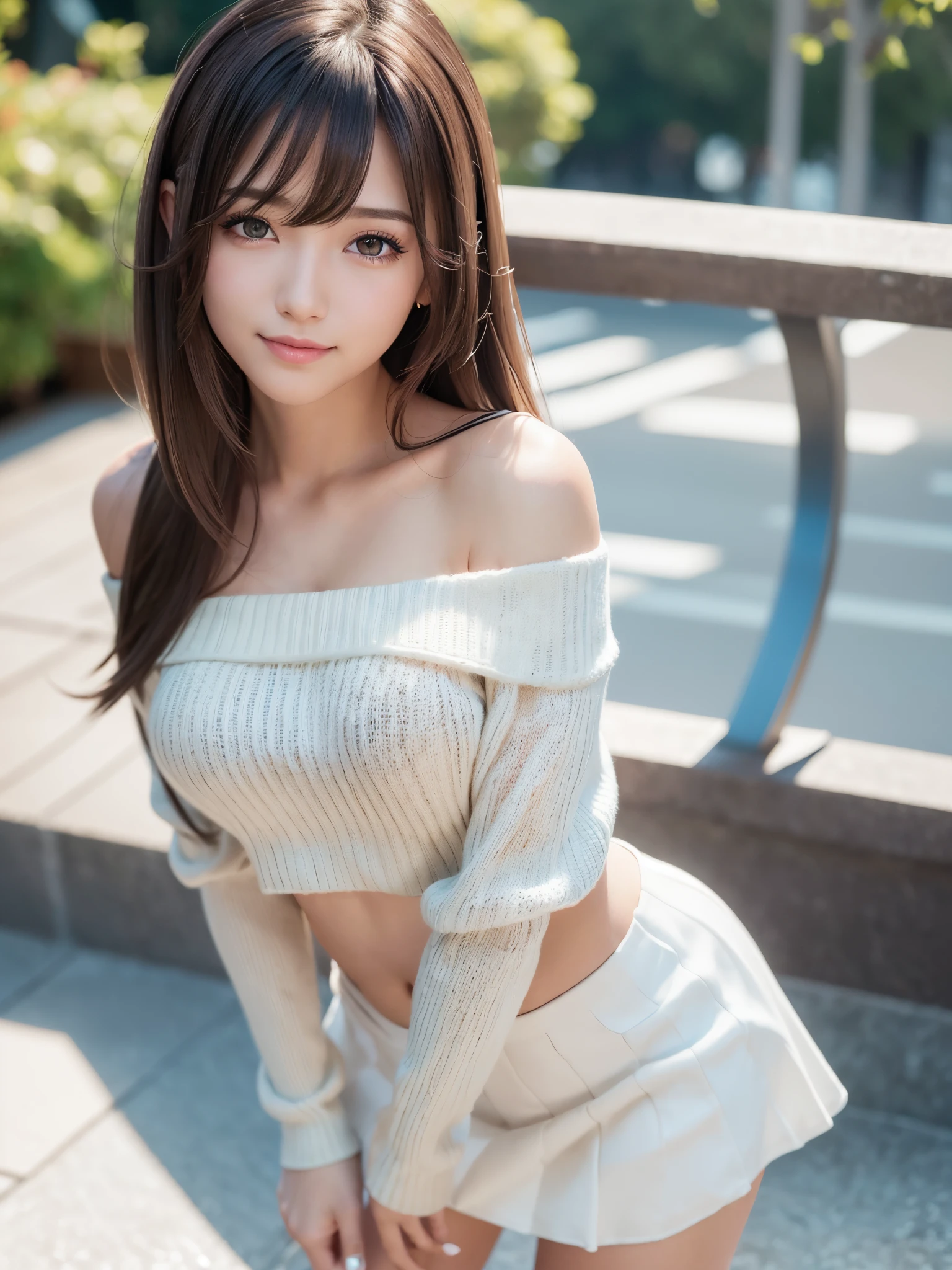 ((masutepiece)), ((Best Quality)), (Ultra-detailed), Realistic, Real, 1girl in, Solo, a Japanese young pretty girl , hyper cute face , Glamorous figure , large full breasts , Long bob hair , city, Town, Daytime, Autumn, (white off-shoulder sweater:1.3) ,(Check mini skirt:1.3), ((Beautiful eyes)), Dynamic Angle, Full body,Front view ,A big smile,Glossy lips, double eyelids for both eyes, Natural makeup, shiny smooth light brown hair of a long bob hair, asymmetrical bangs, High resolution, high detailing, detailed hairstyle, Detailed face, Cinematic lighting, Octane Rendering, Hyper realistic, Perfect limbs, Perfect Anatomy