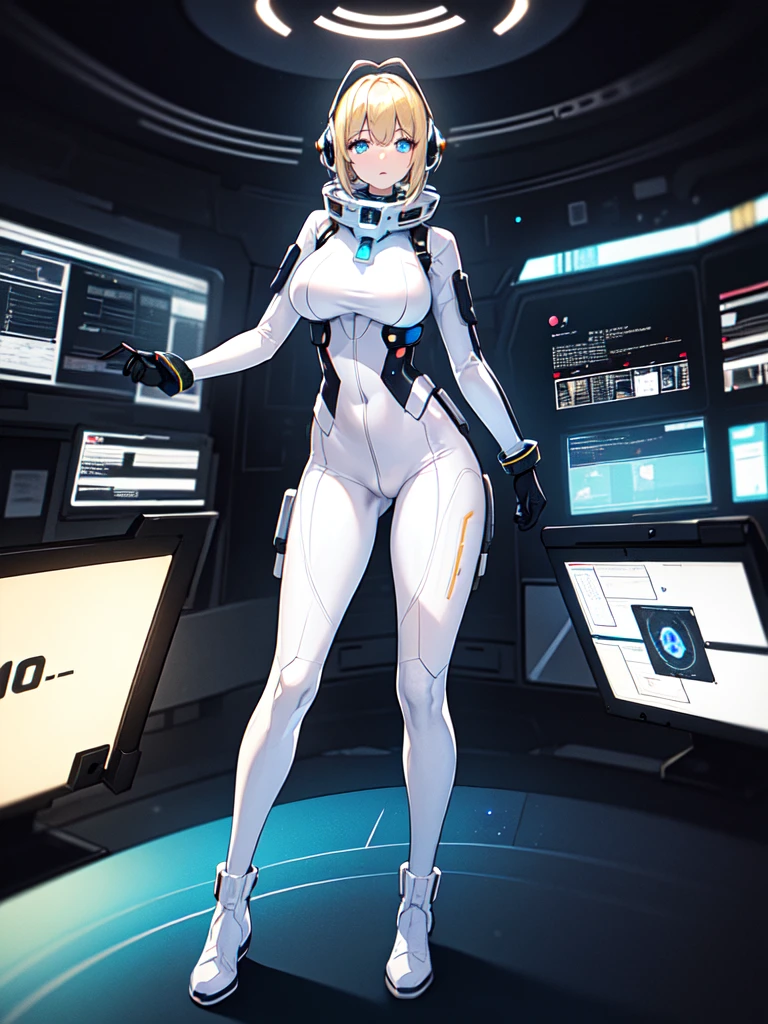 masterpiece:1.4, 1girl in ((20yr old, Wearing a futuristic white and silver costume, Tight Fit Bodysuit, long boots, Very gigantic-breasts, Multicolored blonde hair, a short bob, Perfect model body, Blue eyes:1.4, Wearing headphones, Flirting, Looking out the window of the futuristic sci-fi space station、While admiring the beautiful galaxy:1.2, SFSF control room on night background:1.1, Neon and energetic atmosphere:1.2)) ((Galaxy)) ((Solo:1.6))