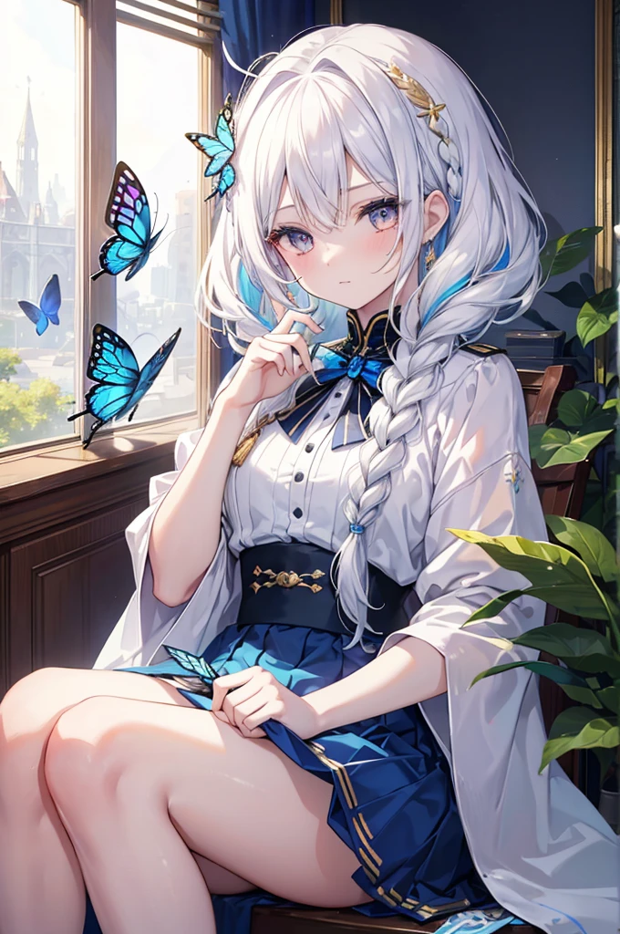 A royal sister,gold eyes,White hair,Long colorful single braids,short detailed hair,Blue skirt,(There is only one person in the picture),There is a butterfly on the palm,aethereal,Sit at your desk,squinting eyes,Side lens,(HighestQuali)