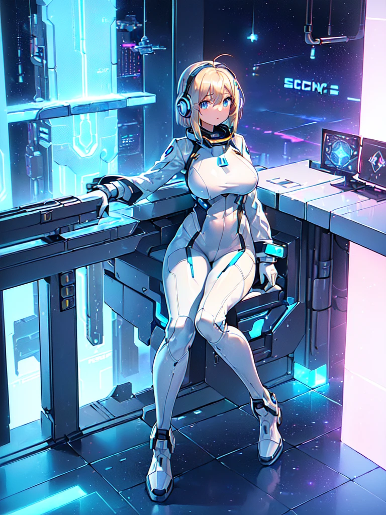 masterpiece:1.4, 1girl in ((20yr old, Wearing a futuristic white and silver costume, Tight Fit Bodysuit, long boots, Very gigantic-breasts, Multicolored blonde hair, a short bob, Perfect model body, Blue eyes:1.4, Wearing headphones, Flirting, Looking out the window of the futuristic sci-fi space station、While admiring the beautiful galaxy:1.2, SFSF control room on night background:1.1, Neon and energetic atmosphere:1.2)) ((Galaxy)) ((Solo:1.6))