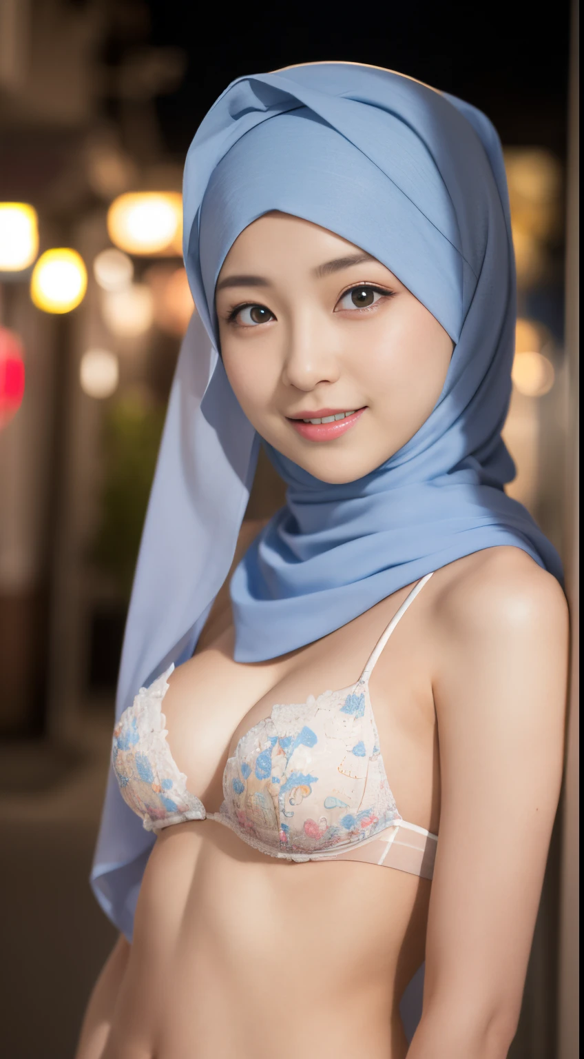 colorful bellydancer, harem, cleavage, (((hijabi))), masterpiece, best quality, 8k, 18yo, , raw photo, absurdres, award winning portrait, smile, smile, solo, night, neon, idol face, violaceaess, gardeniass, delicate girl, DSLR, looking at viewer, candid, sophisticated, youthful, thin arms, professional lighting, film grain, chromatic aberration, (detailed eyes and face:1.0), (bokeh:1.1)