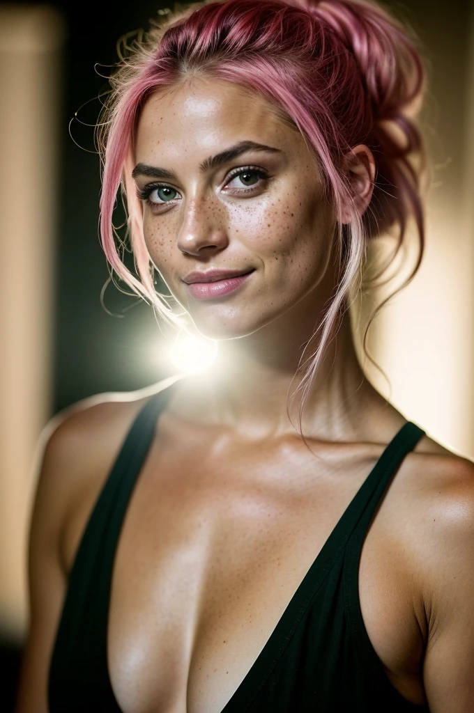 (RAW photo) night scene, close-up photo of a sexy girl, posing, looking at the viewer, smiling, pink hair in a ponytail, handsome young face, 18 yo, soft volumetric lights, soft key and fill lighting, (backlit: 1.3), (cinematic: 1.3), intricate details, (ArtStation: 1.2), skin spots, (freckles: 0.9), detailed eyes, micro details, FUJI XT3, photorealistic, photorealism